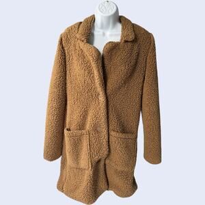 1 Sunset Lane Small Cozy Teddy Coat Camel Tan Relaxed Button Up Mid Length